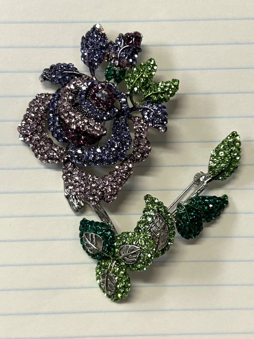 Purple/Lavender Rose Crystal Brooch with Green Leaves 5.5 inch